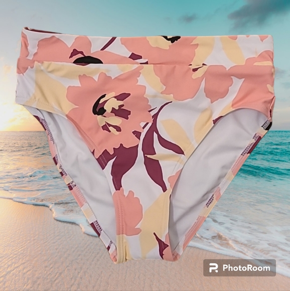 FRESHWATER WOMENS HIGH LEG HIGH WAIST PEACH FLORAL BATHING SUIT BOTTOMS SMALL - Picture 1 of 12